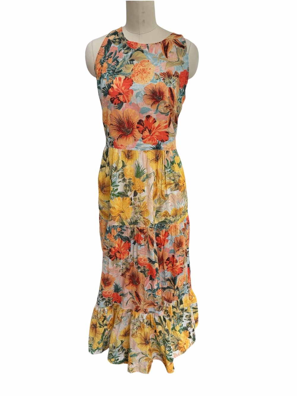 Pilcro Floral Tiered Maxi Dress - Yellow & Coral & Blue size medium